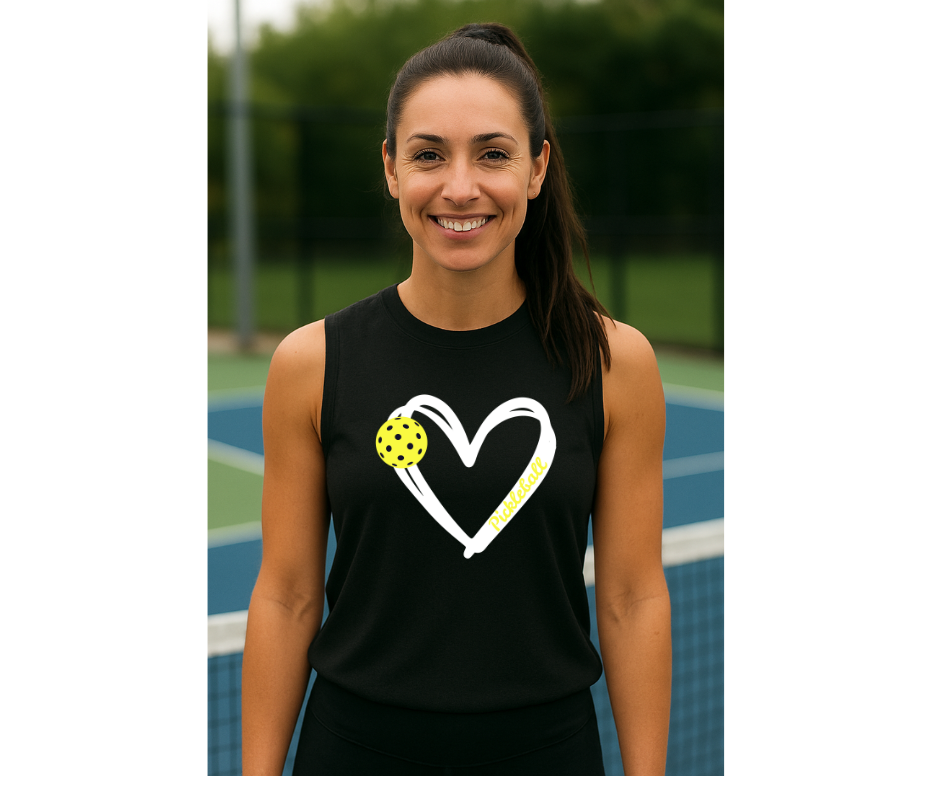 Pickleball. Unisex, Muscle Tank, Crew Neck, Graphic T-Shirt. Heart Yellow Pickleball.