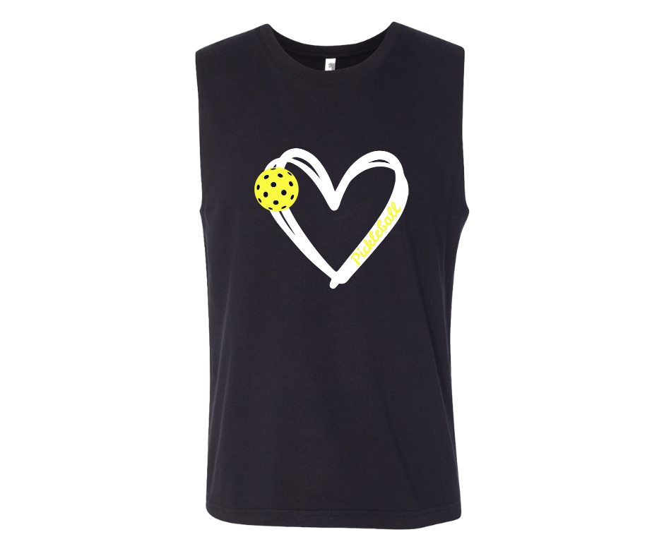 Pickleball. Unisex, Muscle Tank, Crew Neck, Graphic T-Shirt. Heart Yellow Pickleball.