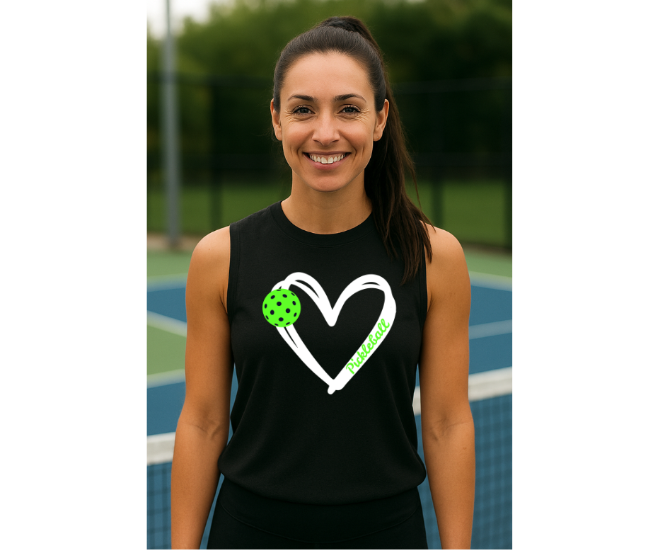 Pickleball. Unisex, Muscle Tank, Crew Neck, Graphic T-Shirt. Heart Green Pickleball.
