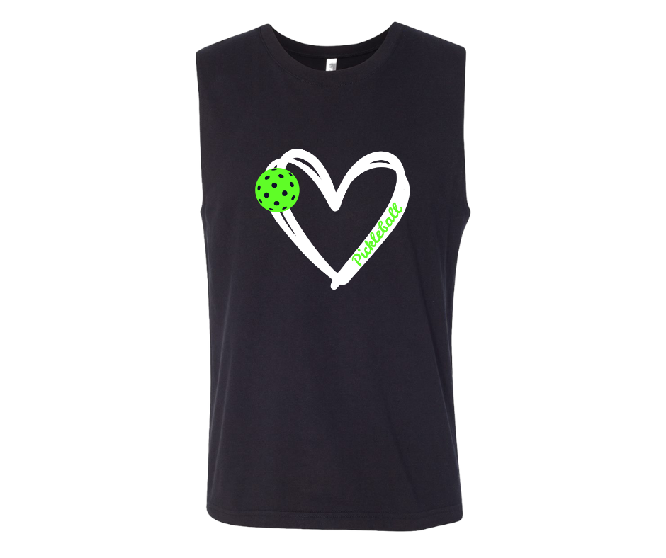 Pickleball. Unisex, Muscle Tank, Crew Neck, Graphic T-Shirt. Heart Green Pickleball.