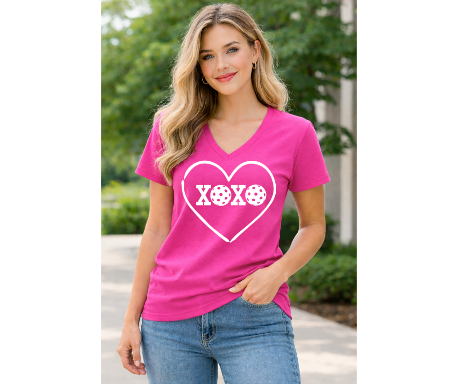 Pickleball. Ladies, V-Neck, Short Sleeve, Graphic T-Shirt. XOXO.