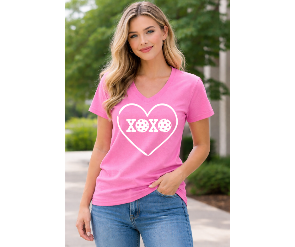 Pickleball. Ladies, V-Neck, Short Sleeve, Graphic T-Shirt. XOXO.