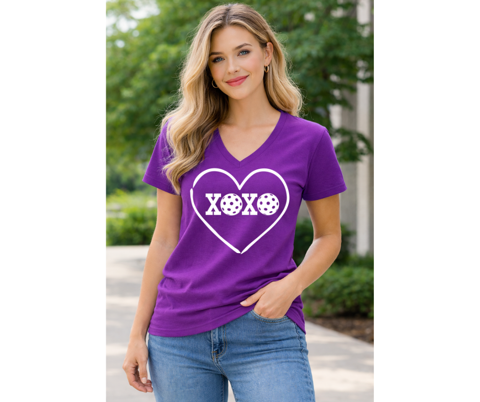 Pickleball. Ladies, V-Neck, Short Sleeve, Graphic T-Shirt. XOXO.