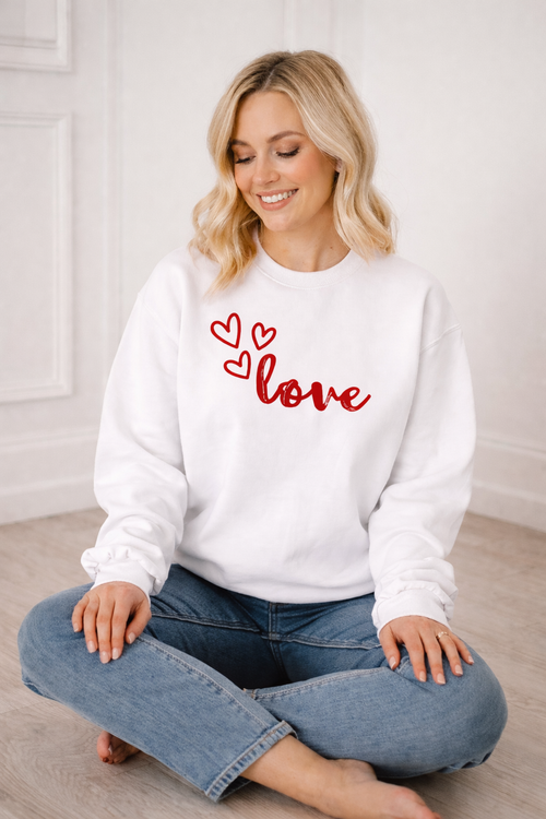 A Valentine Holiday Moon. Ladies, Crew Neck, Medium-Heavy NuBlend fleece/cotton, Graphic Sweatshirt. Hearts Love.