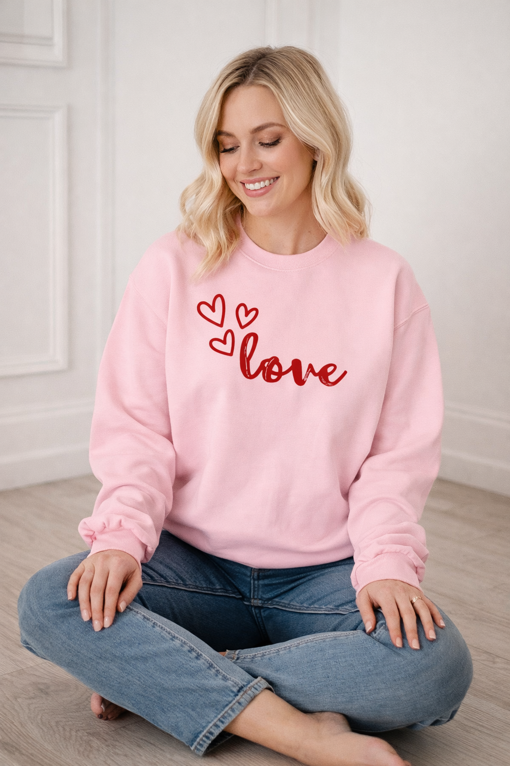 A Valentine Holiday Moon. Ladies, Crew Neck, Medium-Heavy NuBlend fleece/cotton, Graphic Sweatshirt. Hearts Love.