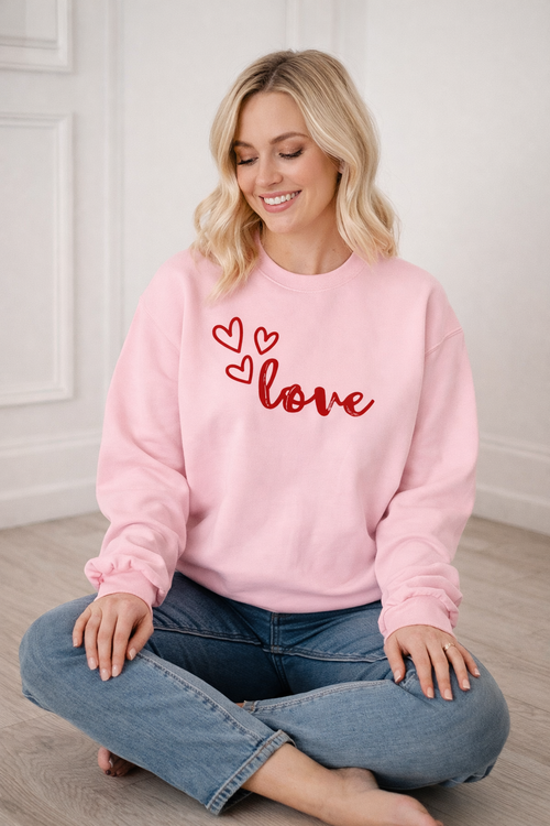 A Valentine Holiday Moon. Ladies, Crew Neck, Medium-Heavy NuBlend fleece/cotton, Graphic Sweatshirt. Hearts Love.