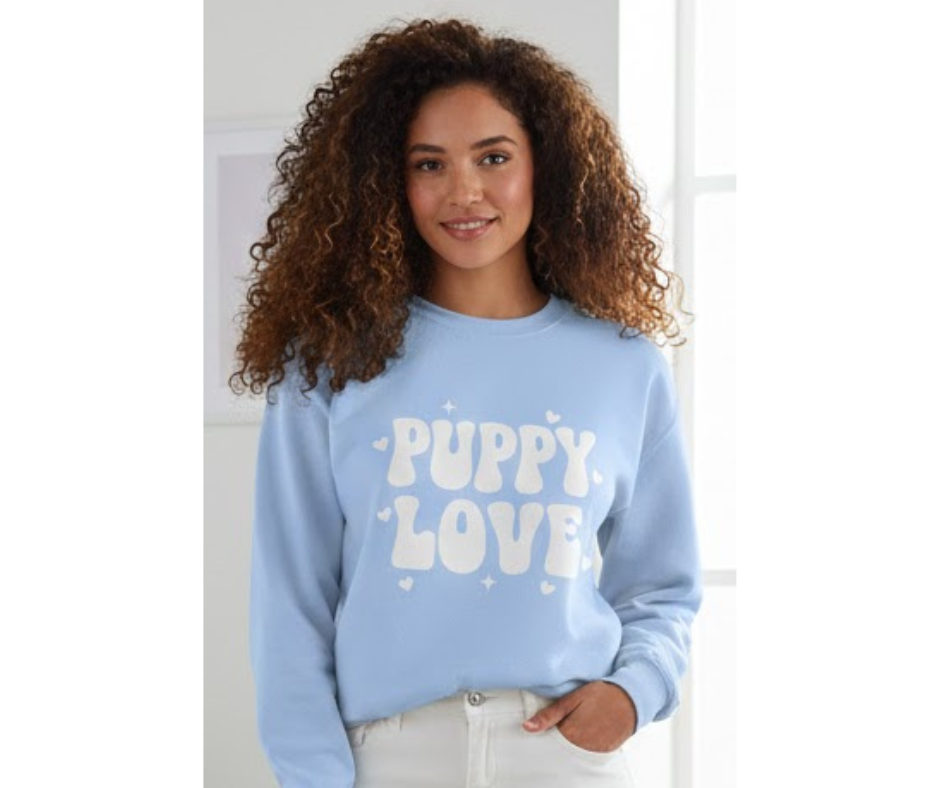 A Valentine Holiday Moon. Ladies, Crew Neck, Medium-Heavy NuBlend fleece/cotton, Graphic Sweatshirt. Puppy Love.