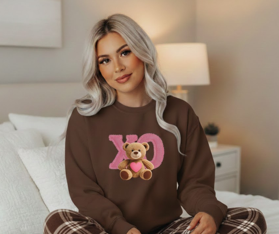 A Valentine Holiday Moon. Ladies, Crew Neck, Medium-Heavy NuBlend fleece/cotton, Graphic Sweatshirt. XO Teddy Bear.