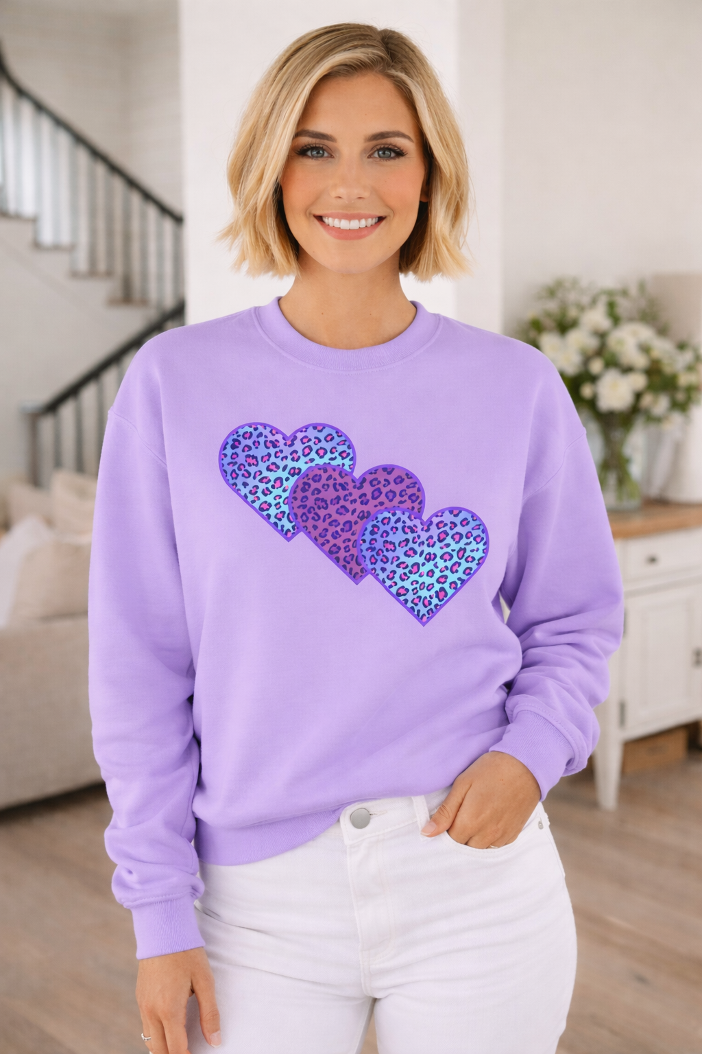 A Valentine Holiday Moon. Unisex, Crew Neck, Lightweight, Graphic Sweatshirt.  Triple Leopard Heart.