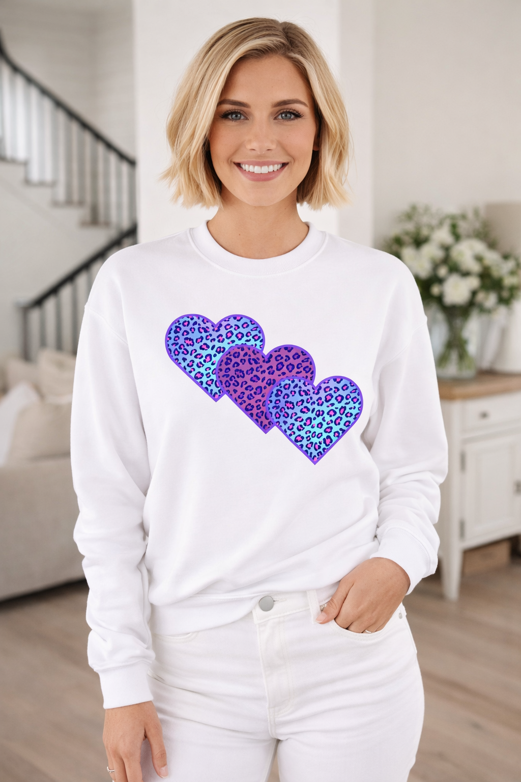 A Valentine Holiday Moon. Unisex, Crew Neck, Lightweight, Graphic Sweatshirt.  Triple Leopard Heart.