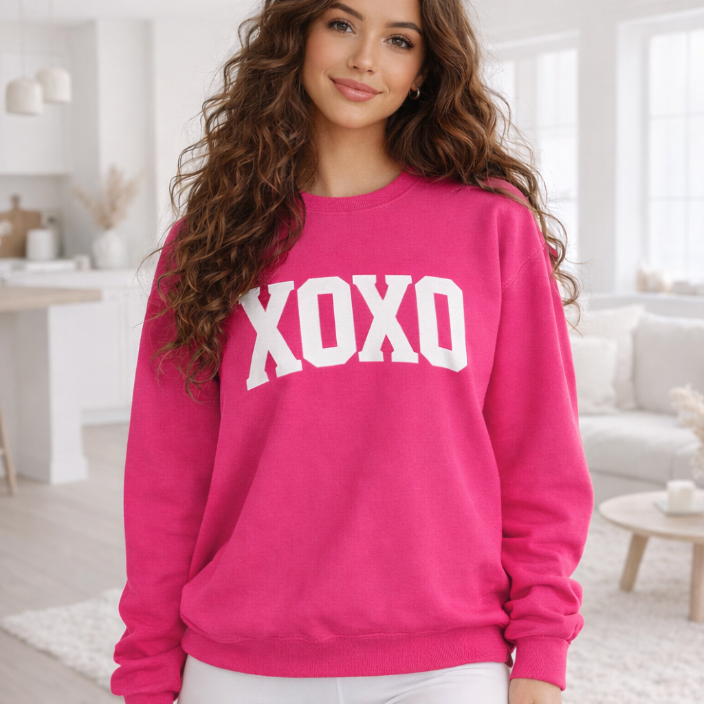 A Valentine Holiday Moon. Ladies, Crew Neck, durable 50/50 cotton poly blend, Graphic Sweatshirt.XOXO.