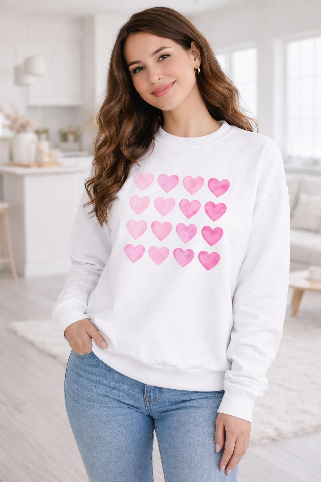 A Valentine Holiday Moon. Ladies, Crew Neck, Medium-Heavy NuBlend fleece/cotton, Graphic Sweatshirt. Heart Grid.