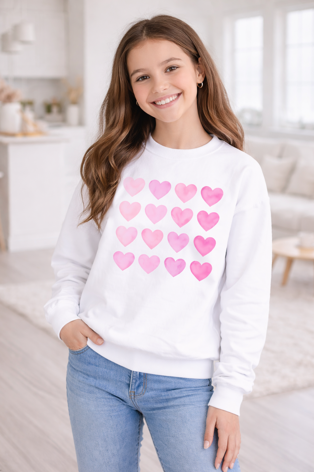 A Valentine Holiday Moon. Youth, Crew Neck, Medium-Heavy NuBlend fleece/cotton, Graphic Sweatshirt. Heart Grid.