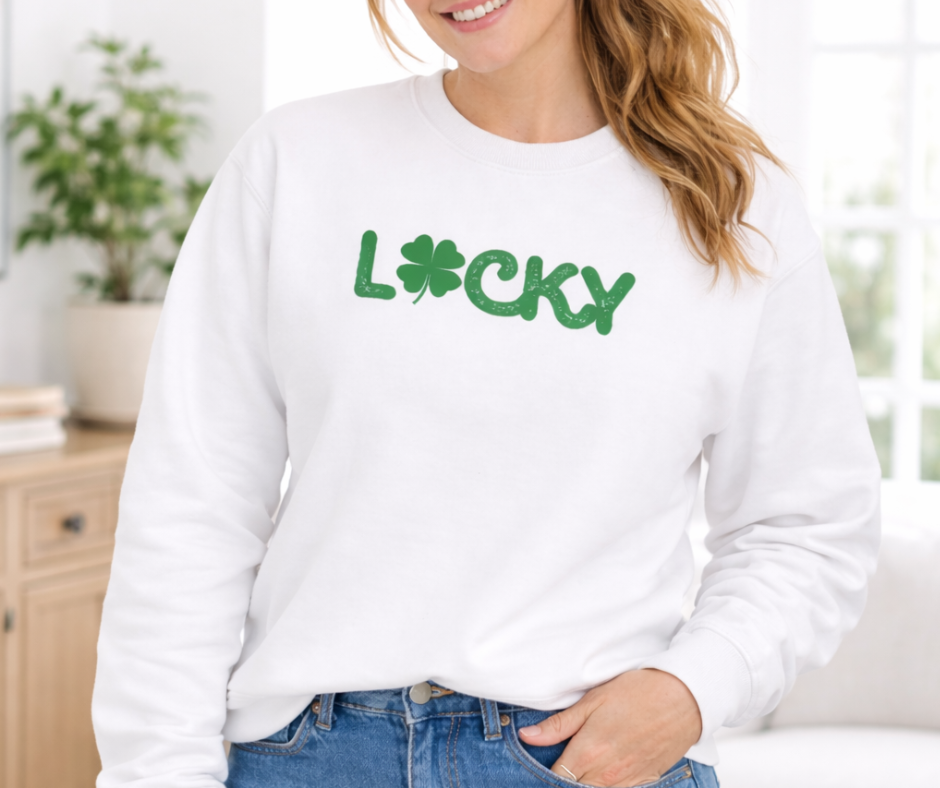 A Lucky Moon. Ladies, Crew Neck, Medium-Heavy NuBlend fleece/cotton, Graphic Sweatshirt. Lucky/Shamrock.