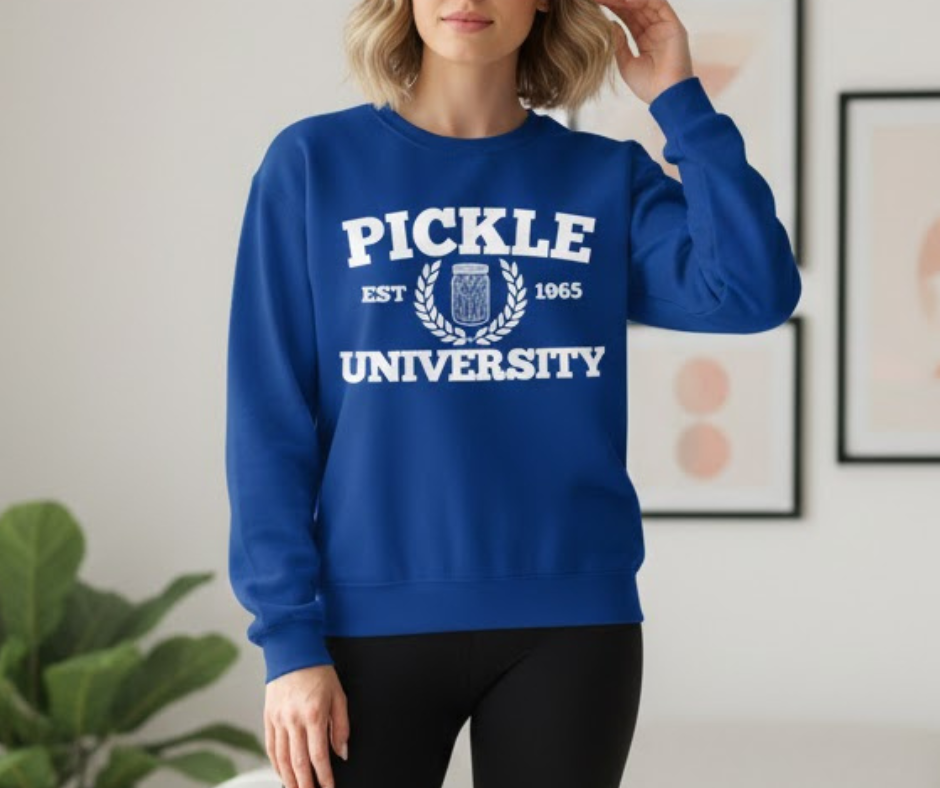 Pickleball. Ladies, Crew Neck, Medium-Heavy NuBlend fleece/cotton, Graphic Sweatshirt. Pickleball. 7 Color Options. Vintage “Pickle Est. 1965” College Style.