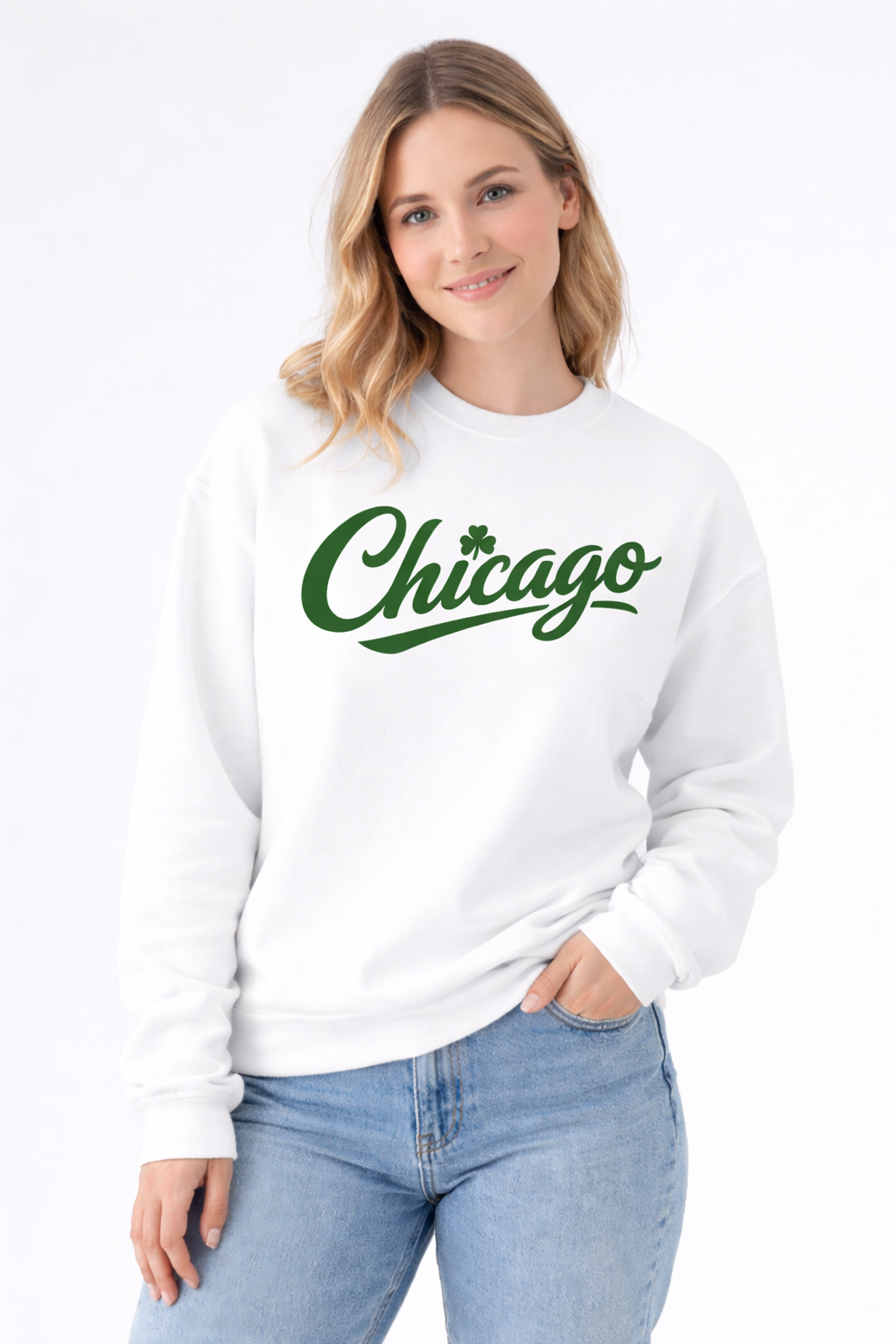 Lucky Moon. Ladies, Crew Neck, Medium-Heavy NuBlend fleece/cotton, Graphic Sweatshirt. Chicago Shamrock.