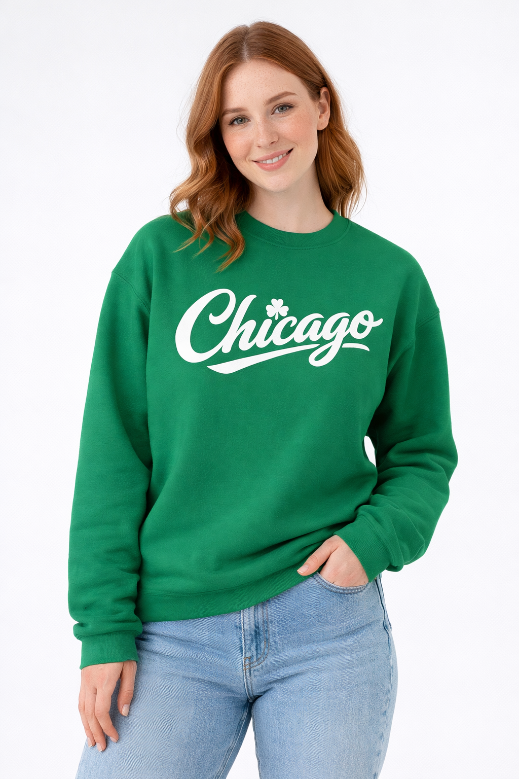 A Lucky Moon. Ladies, Crew Neck, Medium-Heavy NuBlend fleece/cotton, Graphic Sweatshirt. Chicago Shamrock.