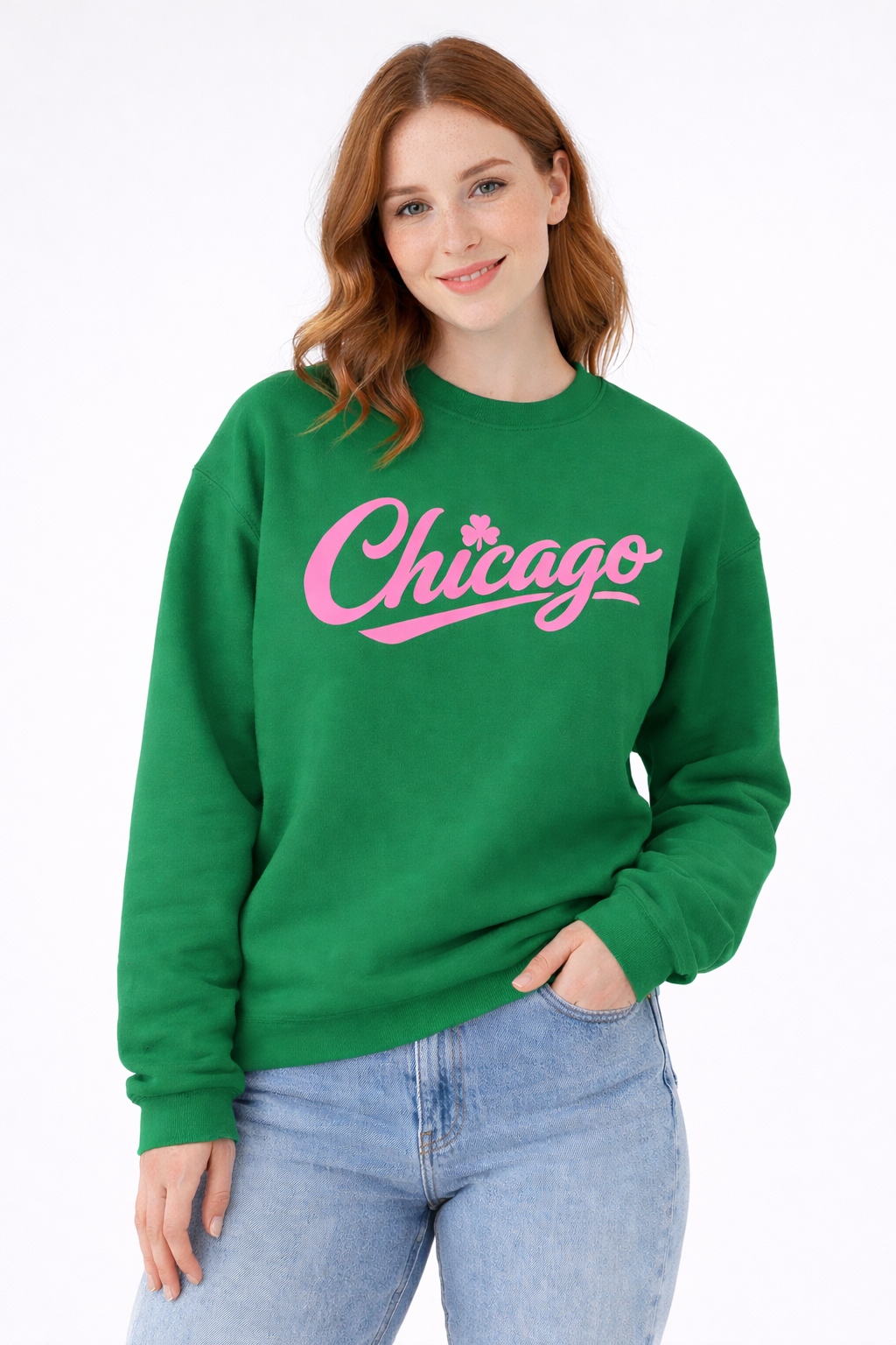 A Lucky Moon. Ladies, Crew Neck, Medium-Heavy NuBlend fleece/cotton, Graphic Sweatshirt. Chicago Shamrock.
