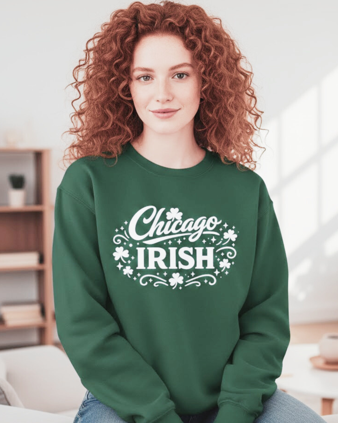 A Lucky Moon. Ladies, Crew Neck, Medium-Heavy NuBlend fleece/cotton, Graphic Sweatshirt. Chicago Irish.