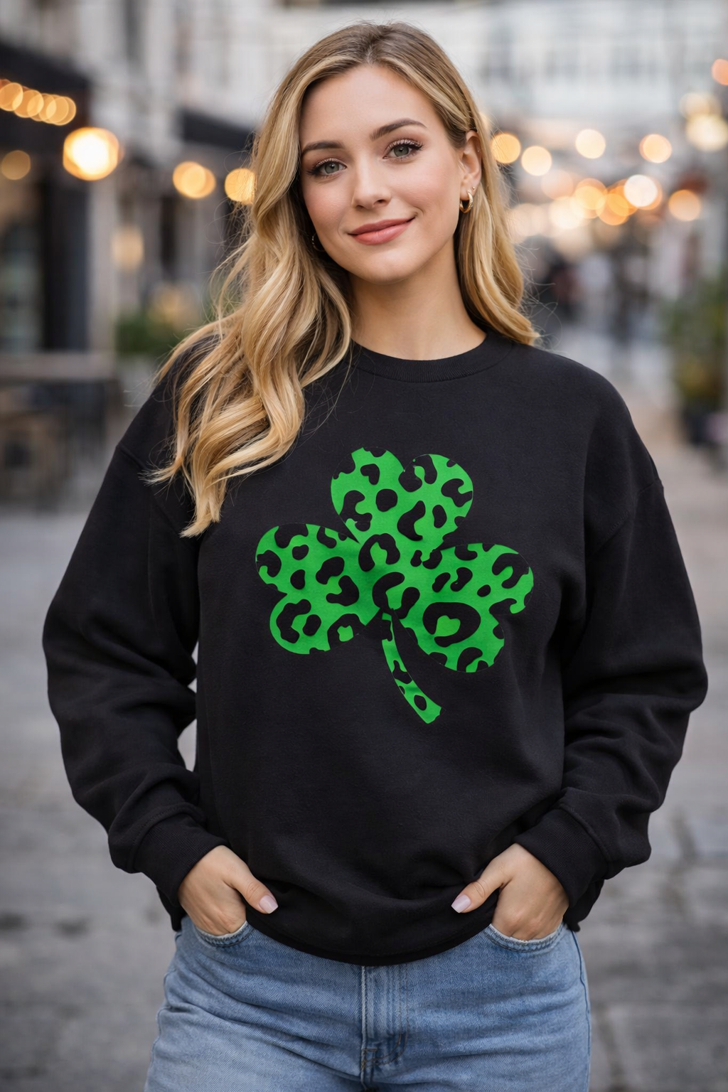 Lucky Moon. Ladies, Crew Neck, Medium-Heavy NuBlend fleece/cotton, Graphic Sweatshirt. Leopard Shamrock.