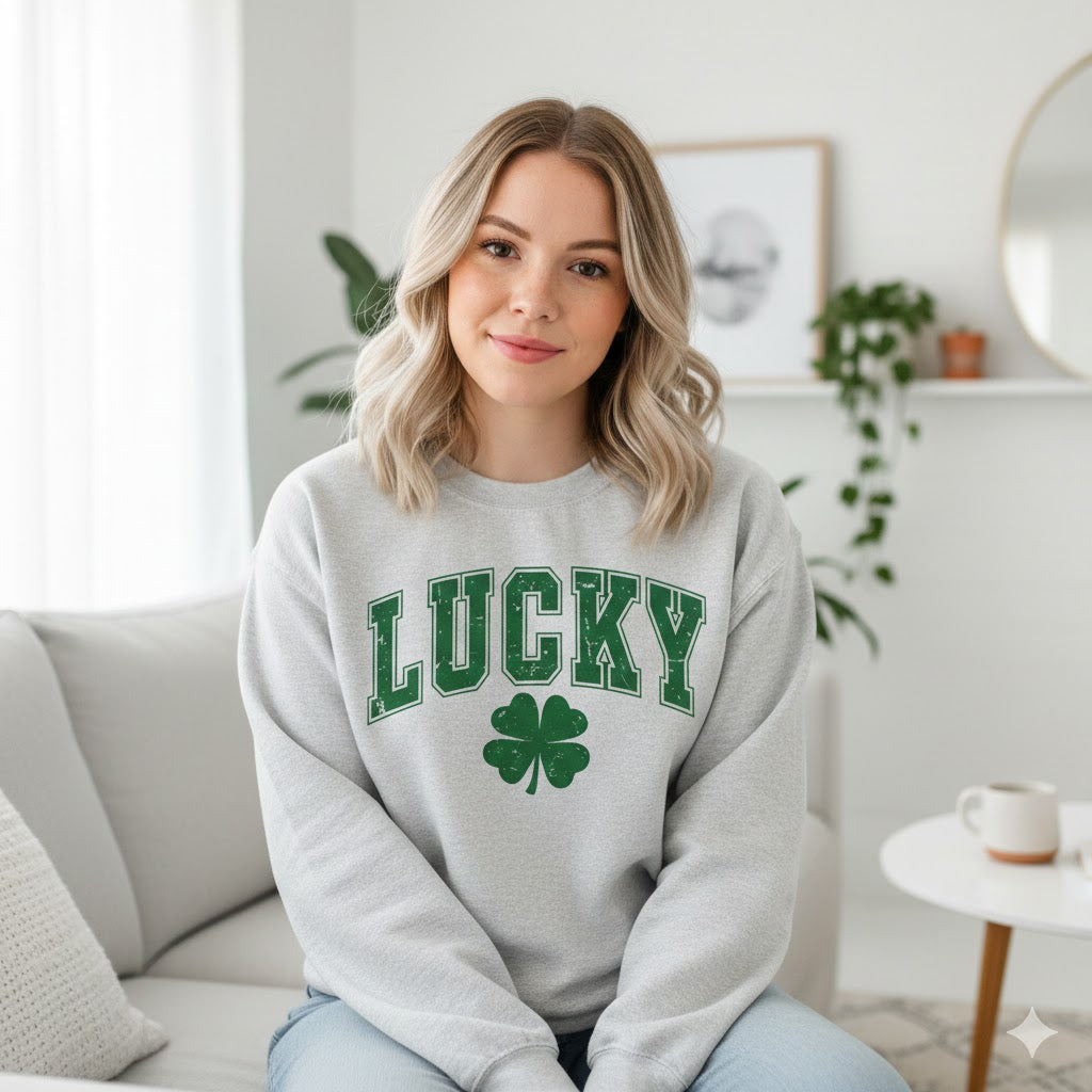 A Lucky Moon.  Ladies, Crew Neck, Medium-Heavy NuBlend fleece/cotton, Graphic Sweatshirt. Lucky Collegiate.