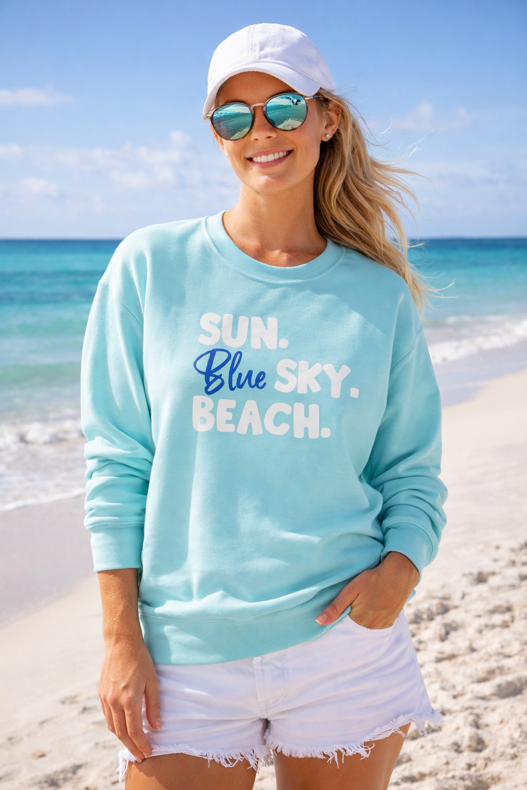 Coastal Moon Collection. Crew neck, medium-heavy, graphic sweatshirt. Sun.Blue Sky.Beach.