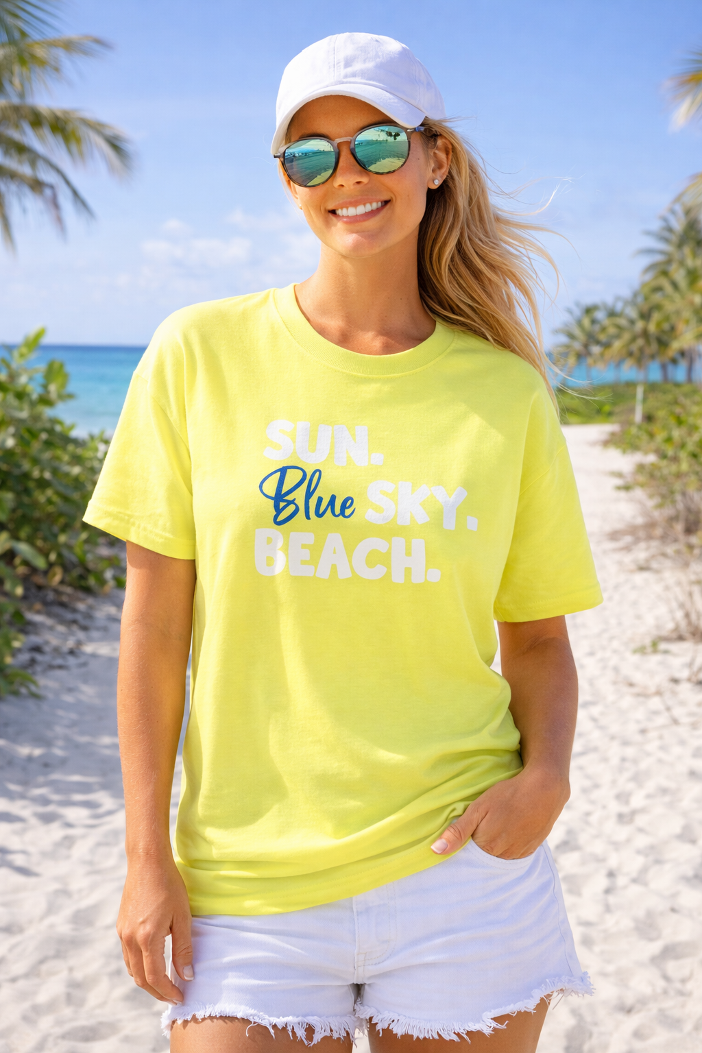 Coastal Moon Collection. Ladies, Crew Neck, Short Sleeve, Graphic T-Shirt. Sun.Blue Sky.Beach.