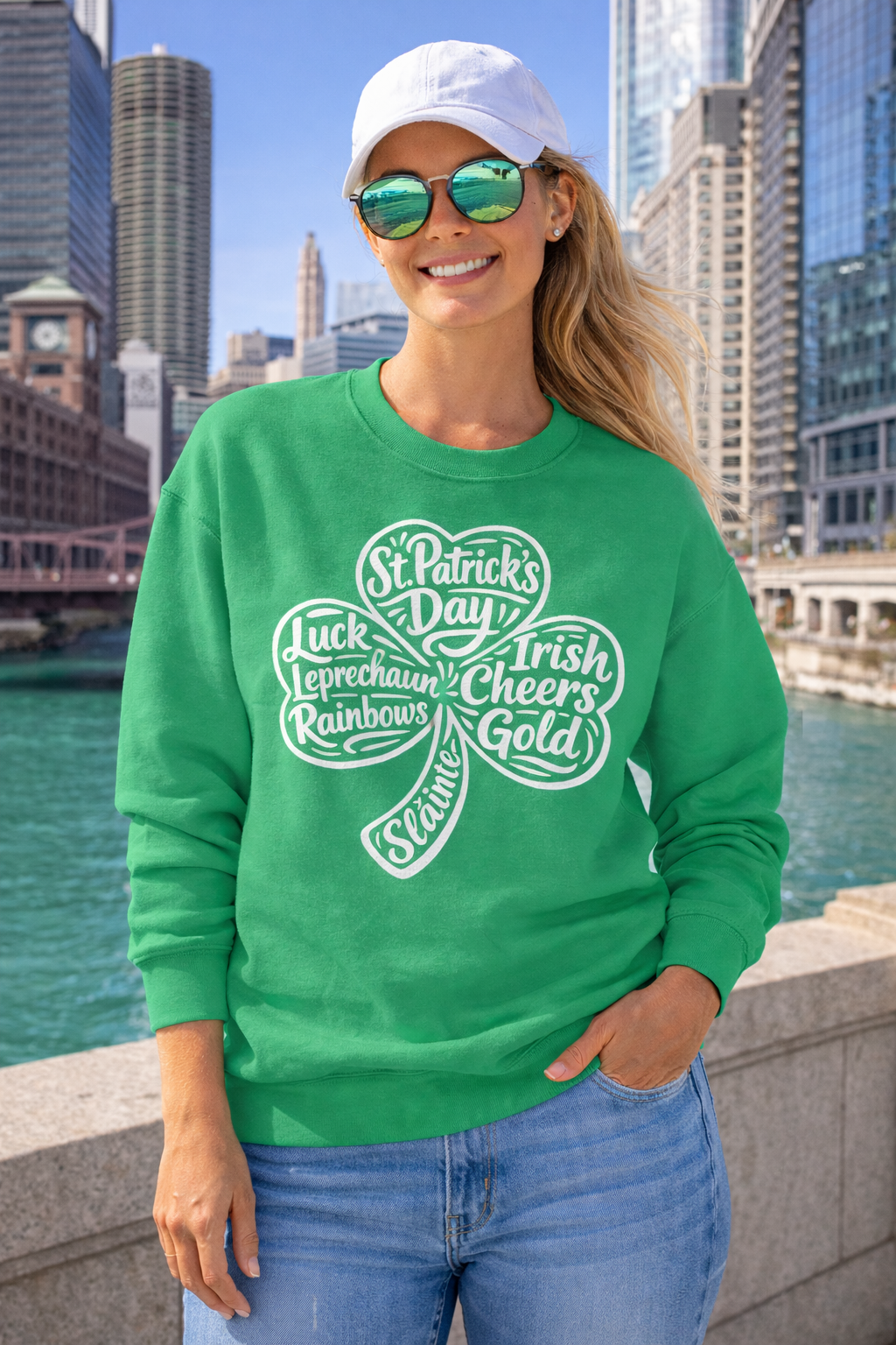 A Lucky Moon. Crew neck, medium-heavy, graphic sweatshirt. Shamrock.