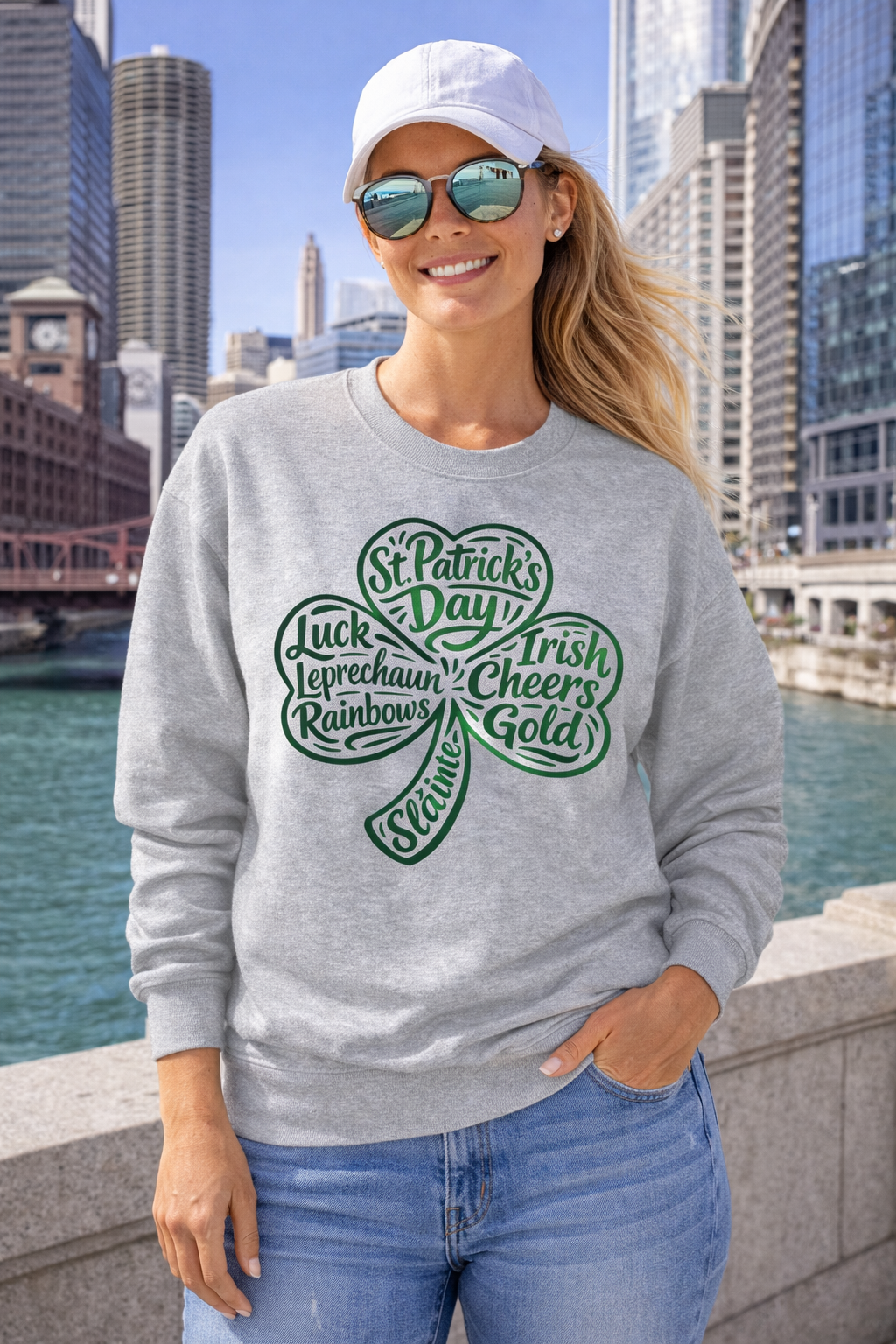 A Lucky Moon. Crew neck, medium-heavy, graphic sweatshirt. Shamrock.
