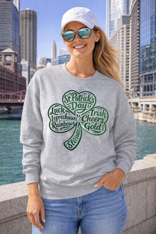 A Lucky Moon. Crew neck, medium-heavy, graphic sweatshirt. Shamrock.