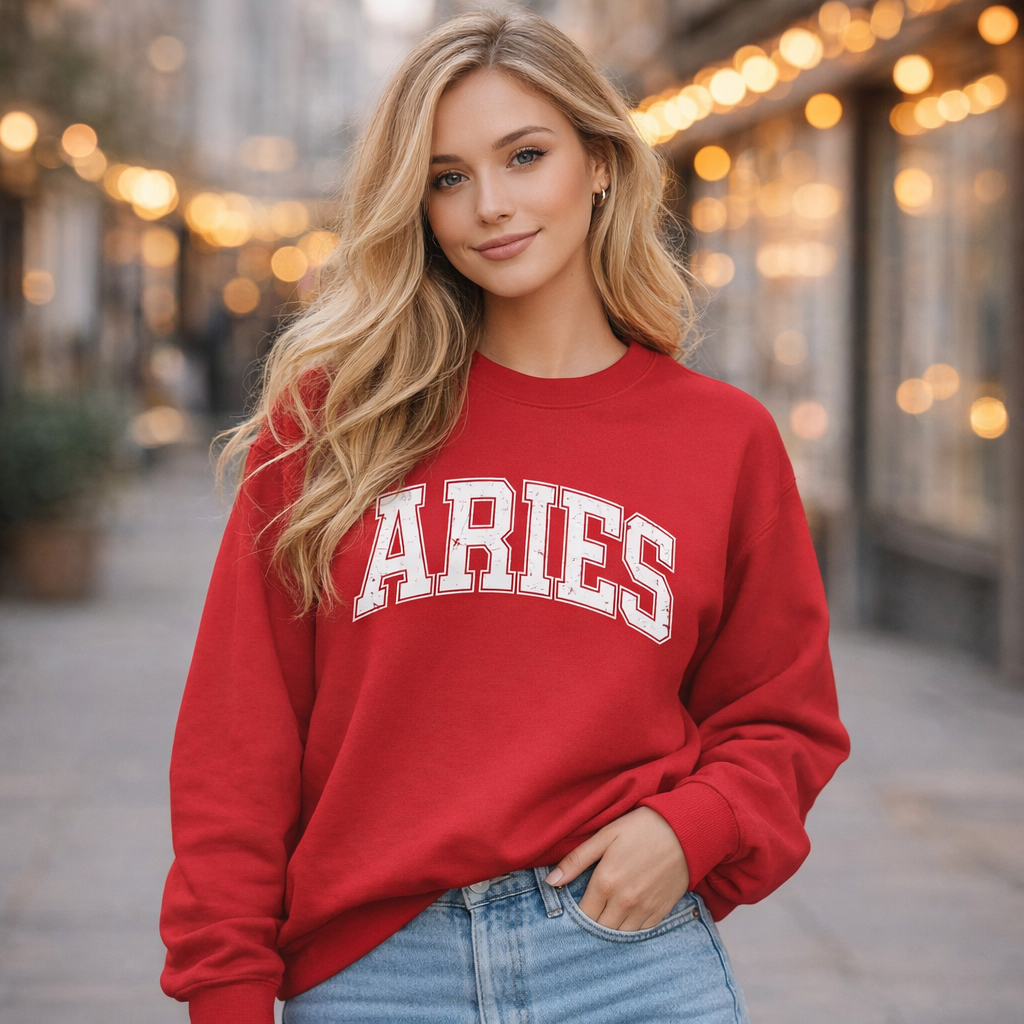 The Zodiac Collection. Unisex Garment-Dyed Crew Neck, Graphic Sweatshirt. Aries in Red.