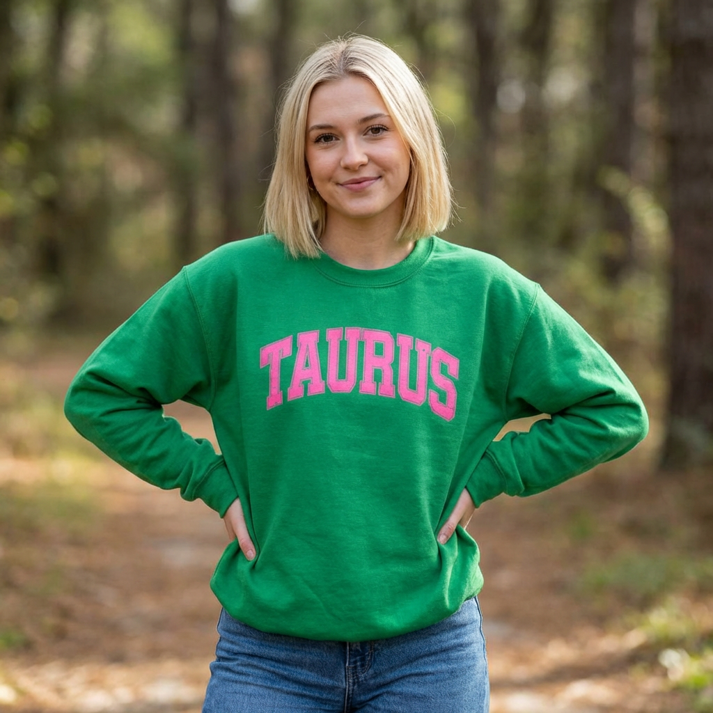 The Zodiac Collection. Ladies, Crew Neck, Medium-Heavy NuBlend fleece/cotton, Graphic Sweatshirt.Taurus.