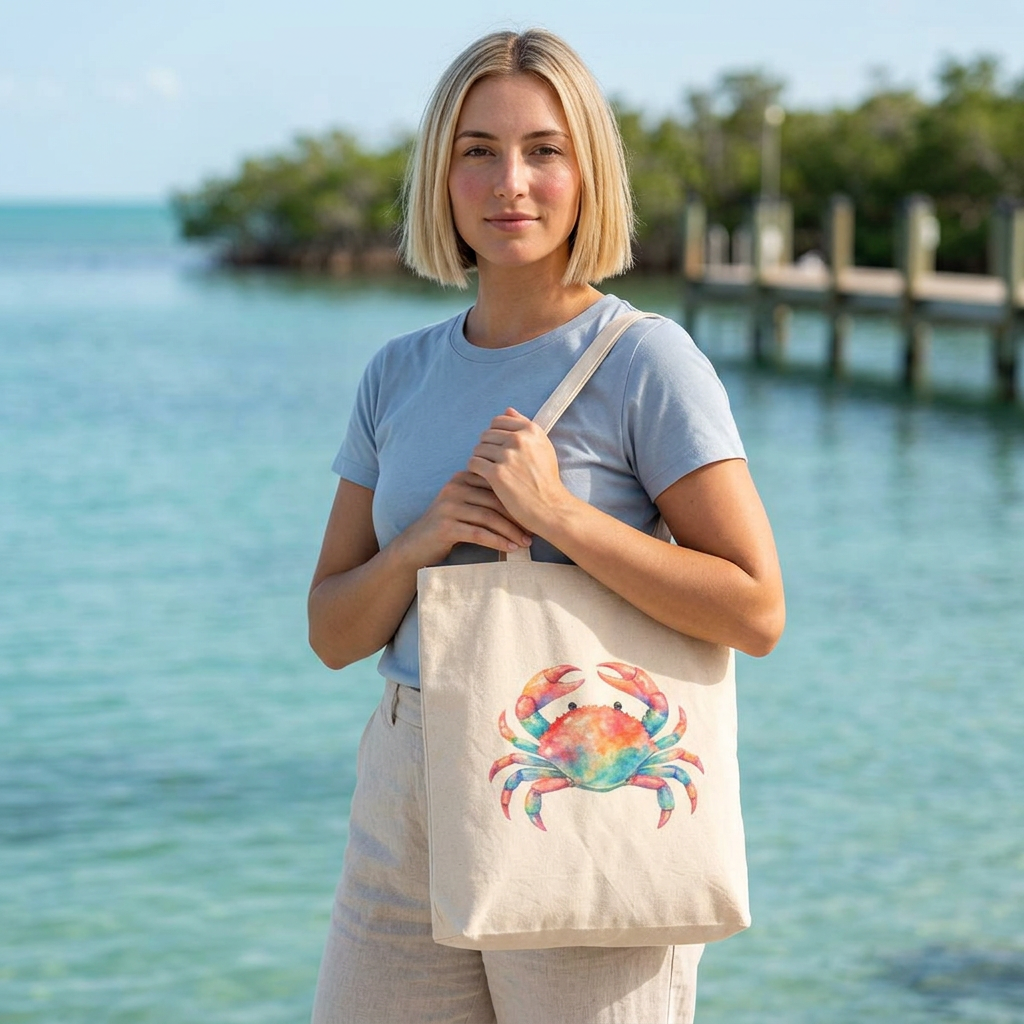 Coastal Collection. Canvas Beach/Market Tote Bag. Watercolor Crab.