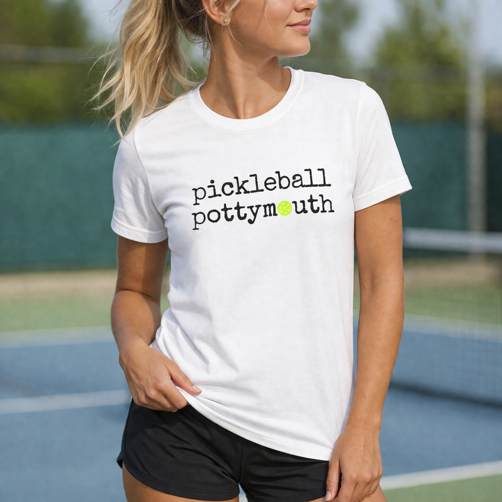 A New Pickleball Dryfit.  Ladies, crew neck, short sleeve, moisture-wicking fabric, graphic tee. Pickleball Pottymouth.