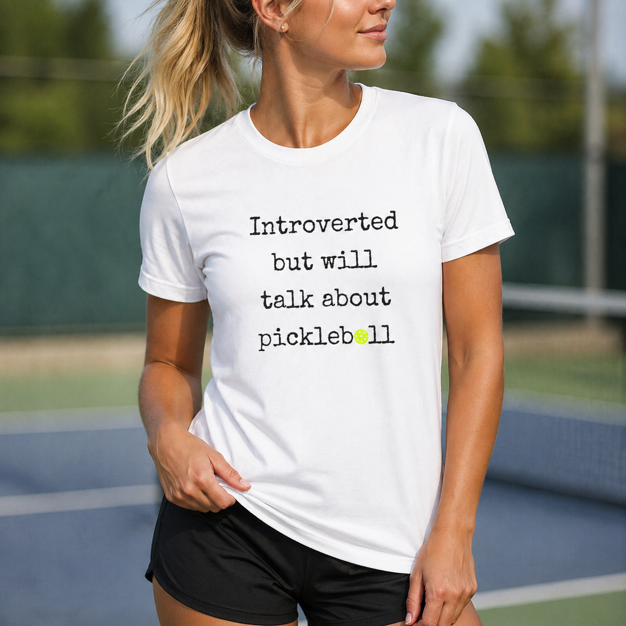 A New Pickleball Dryfit. Ladies, crew neck, short sleeve, moisture wicking fabric, graphic tee. Introverted But Will Talk About Pickleball.