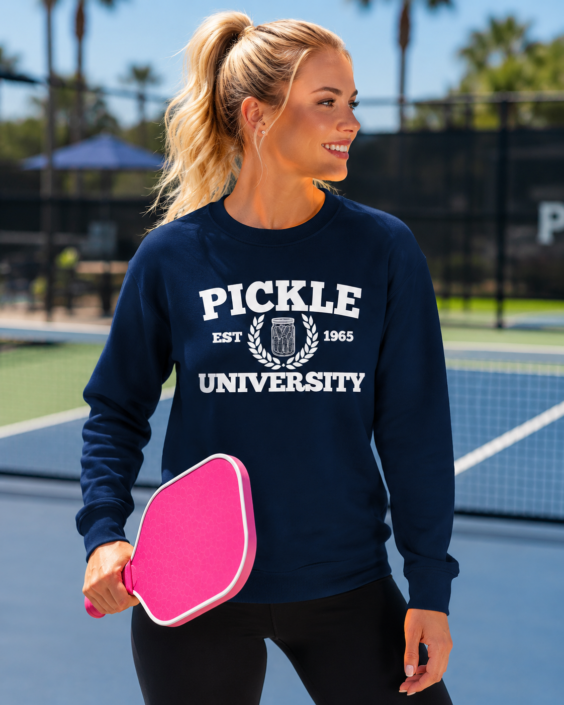 Pickleball. Ladies, Crew Neck, Medium-Heavy NuBlend fleece/cotton, Graphic Sweatshirt. Pickleball. 7 Color Options. Vintage “Pickle Est. 1965” College Style.