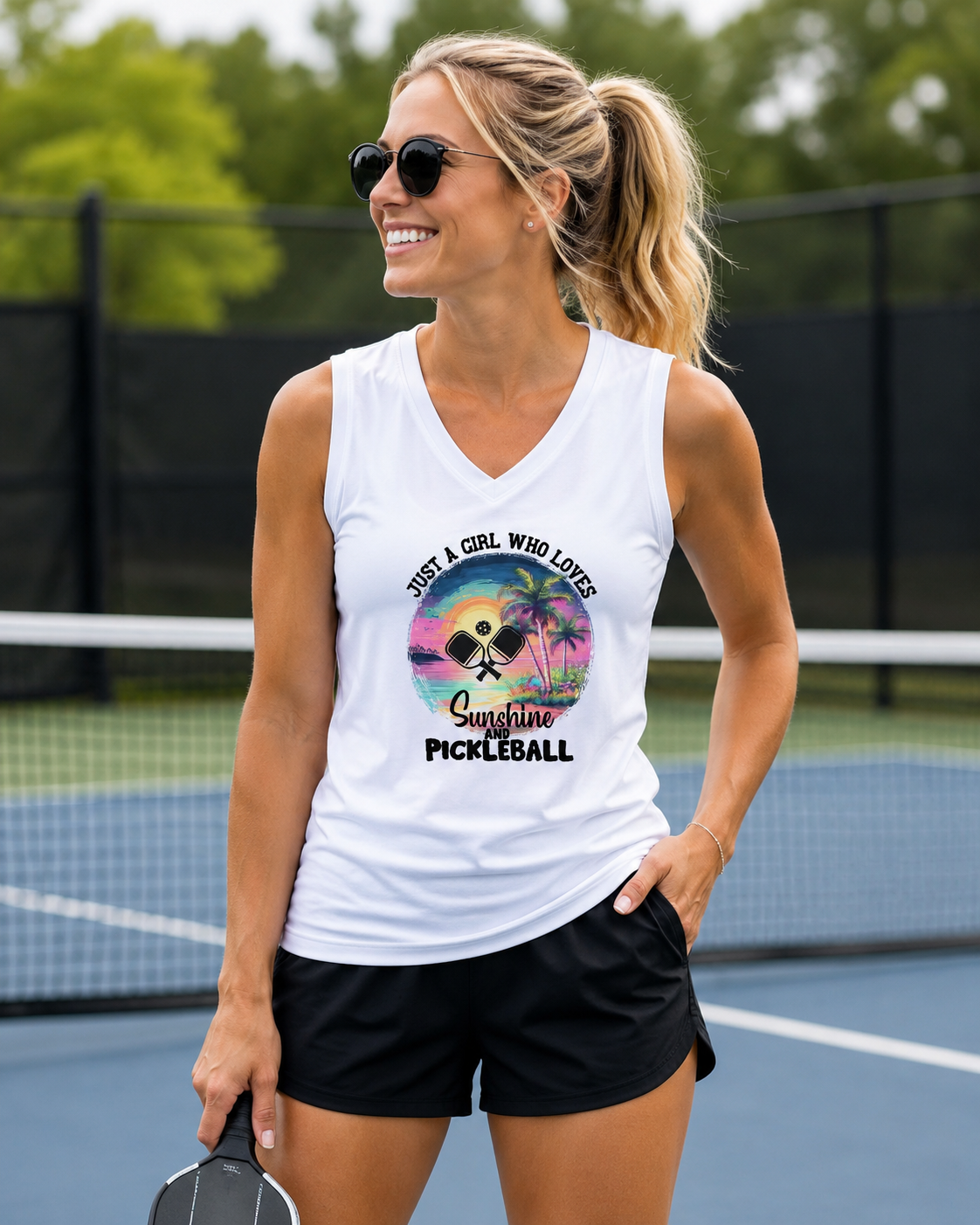 A new Pickleball Dryfit. Women’s Athletic Tank – Lightweight Pickleball Performance Top | Sleeveless Activewear. Sunshine and Pickleball.