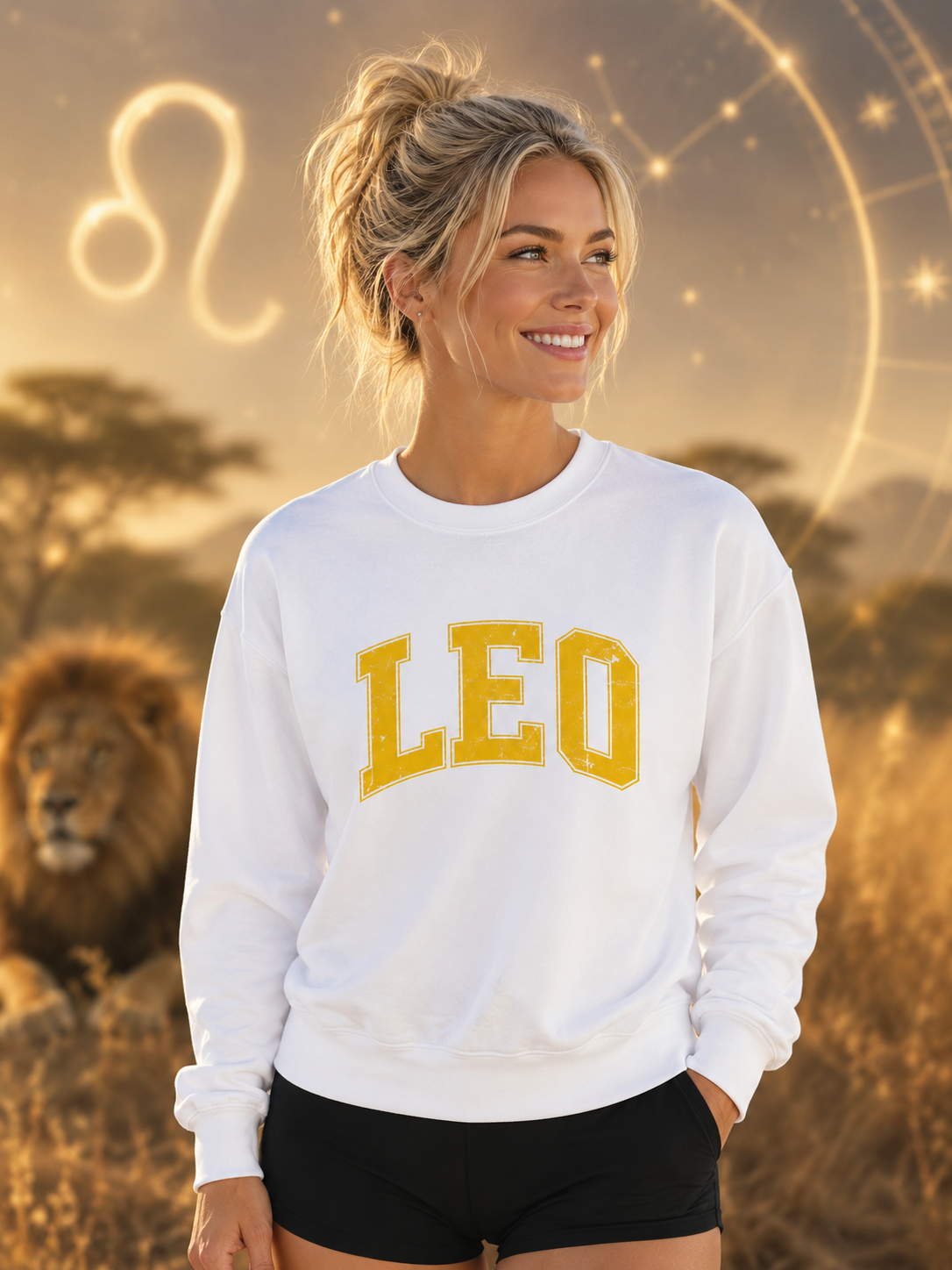 The Zodiac Collection. Unisex Garment-Dyed Crew Neck, Graphic Sweatshirt. Leo in Gold.