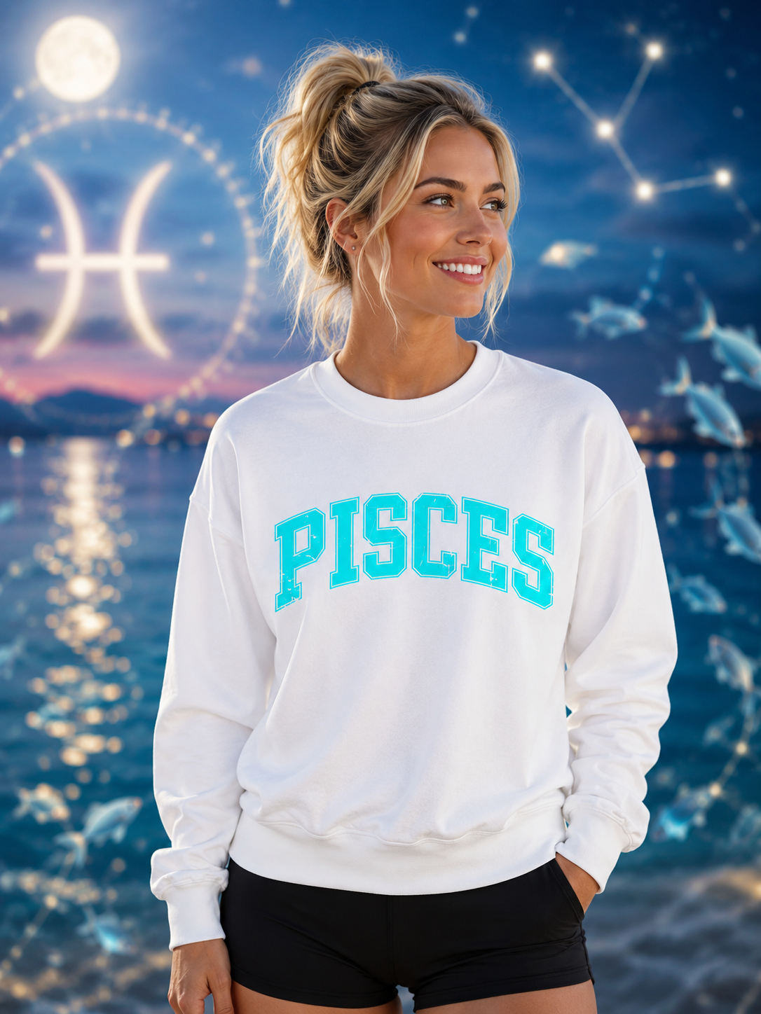 The Zodiac Collection. Unisex Garment-Dyed Crew Neck, Graphic Sweatshirt. Pisces in Aqua.