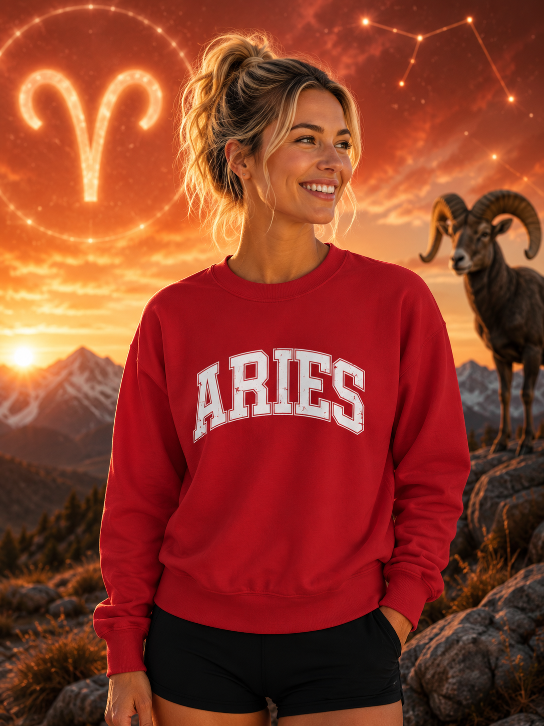 The Zodiac Collection. Unisex Garment-Dyed Crew Neck, Graphic Sweatshirt. Aries in Red.