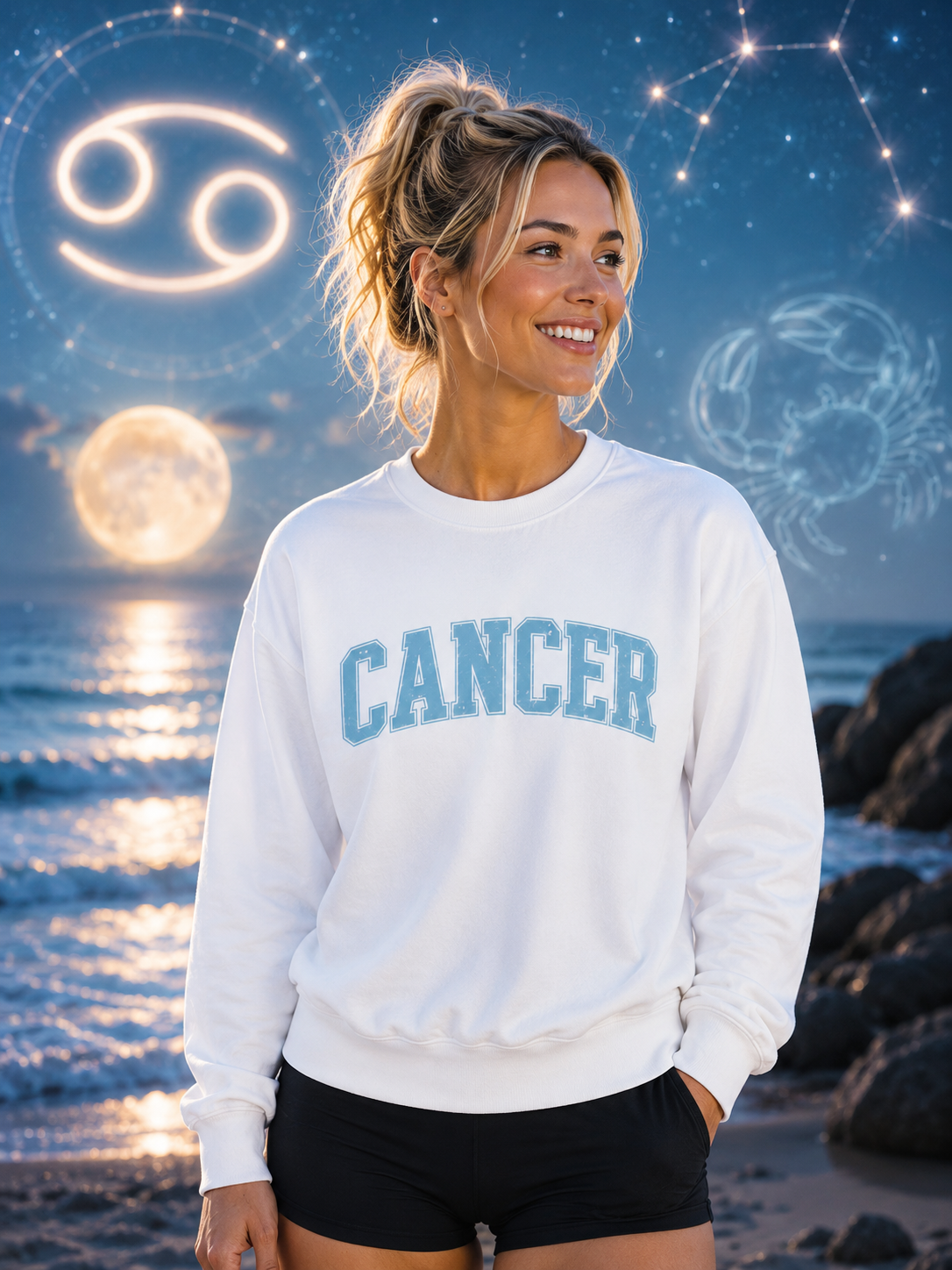 The Zodiac Collection. Unisex Garment-Dyed Crew Neck, Graphic Sweatshirt. Cancer in blue.