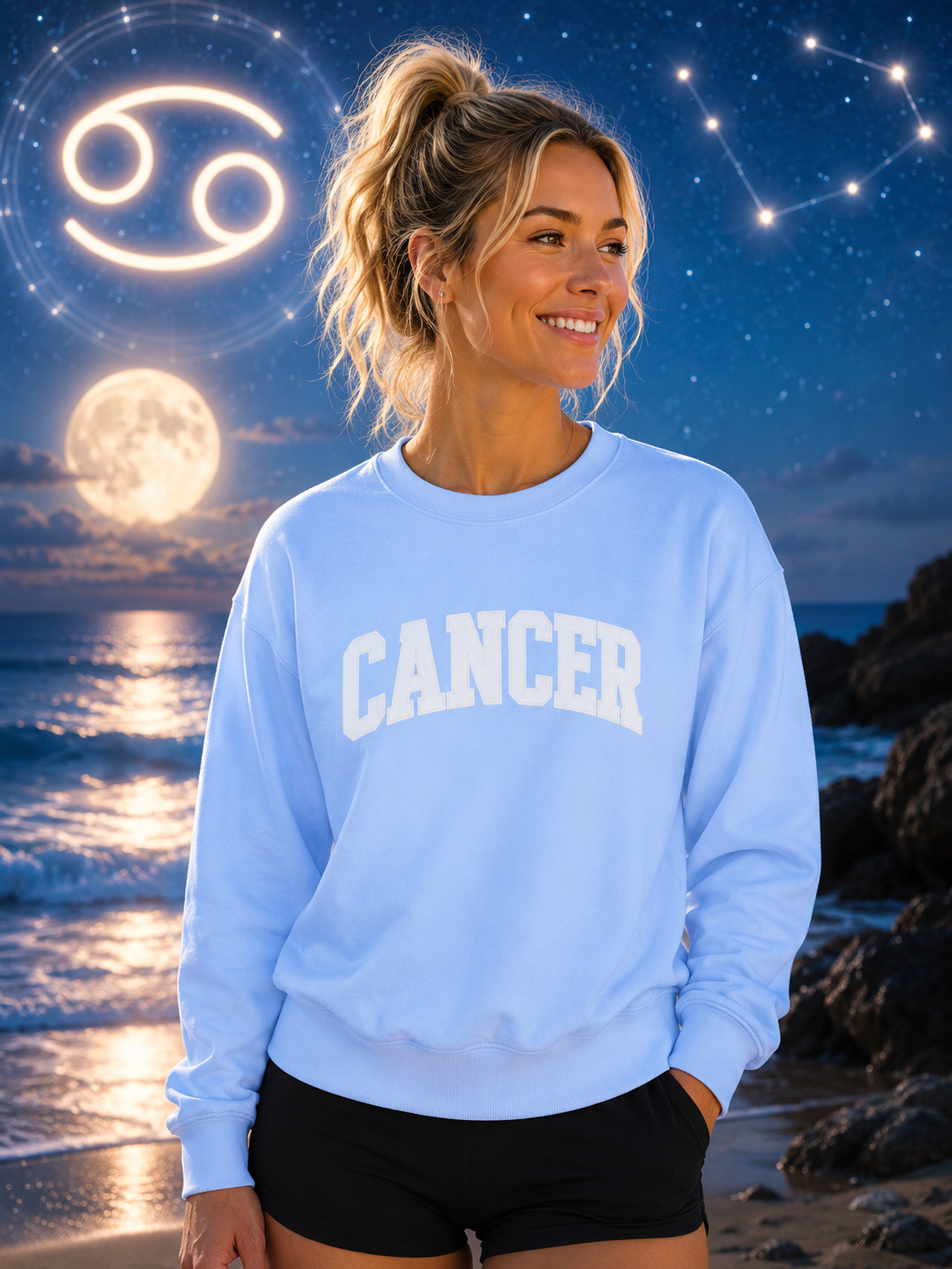 The Zodiac Collection. Unisex Garment-Dyed Crew Neck, Graphic Sweatshirt. Cancer in Light Blue.