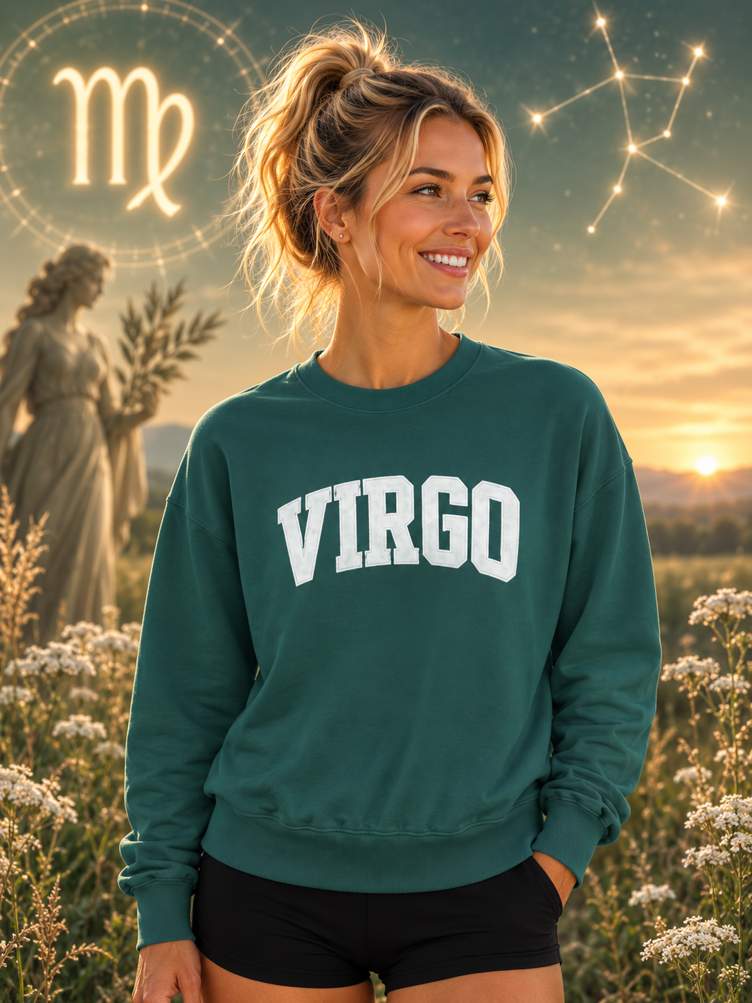 The Zodiac Collection. Unisex Garment-Dyed Crew Neck, Graphic Sweatshirt. Virgo in Blue Spruce.