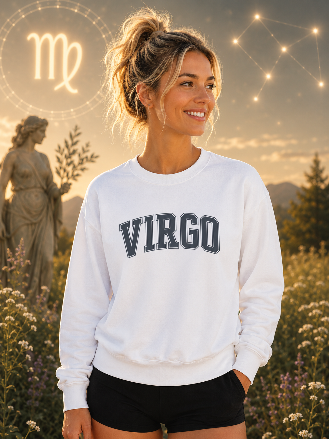 The Zodiac Collection. Unisex Garment-Dyed Crew Neck, Graphic Sweatshirt. Virgo in White and Blue Spruce.