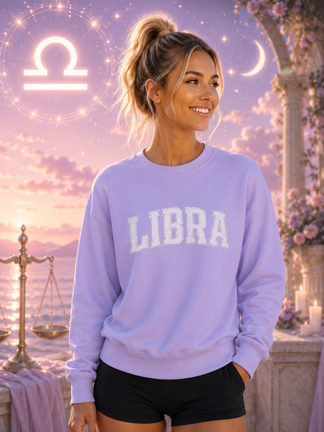 The Zodiac Collection. Unisex Garment-Dyed Crew Neck, Graphic Sweatshirt. Libra in Violet.