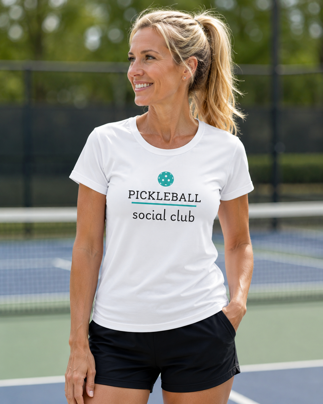 A New Pickleball Dryfit. Ladies, crew neck, short sleeve, moisture-wicking fabric, graphic tee. Pickleball Social Club.