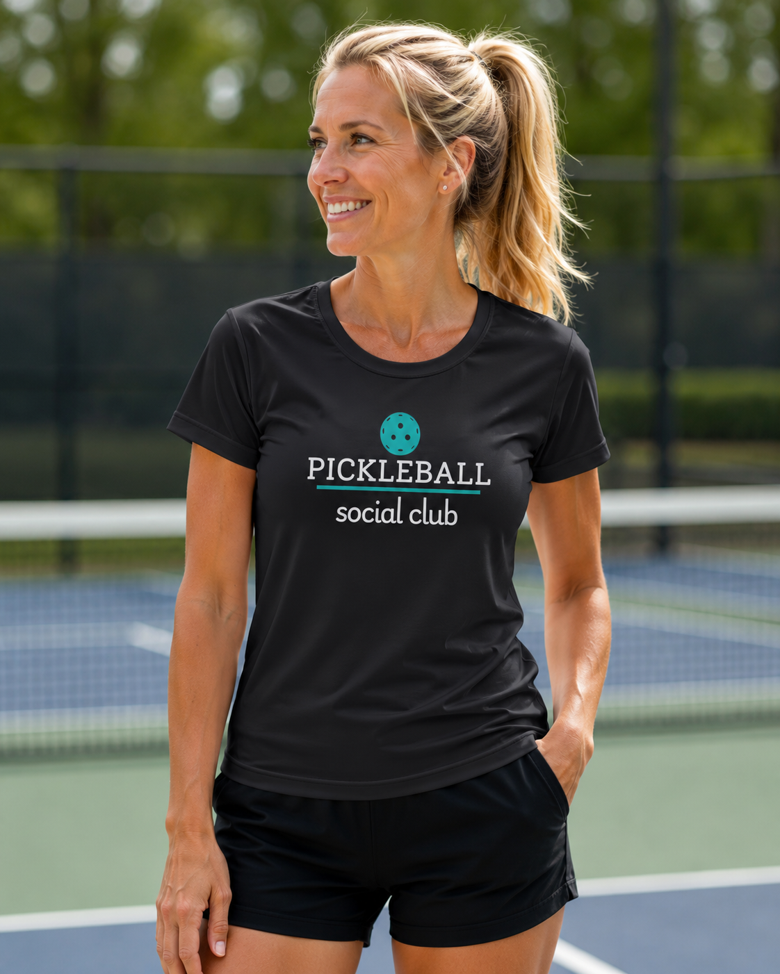 A New Pickleball Dryfit. Ladies, crew neck, short sleeve, moisture-wicking fabric, graphic tee. Pickleball Social Club.