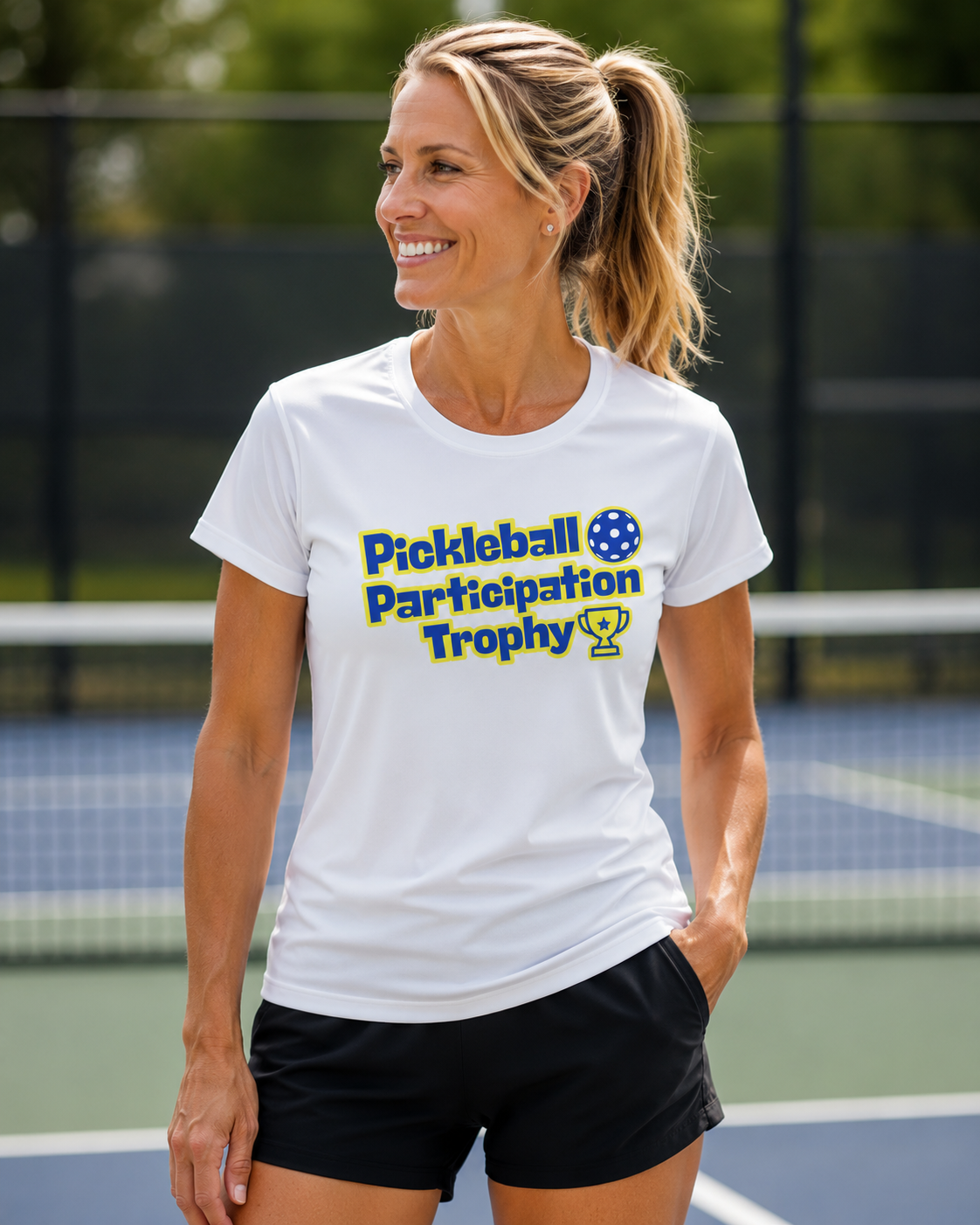 A New Pickleball Dryfit. Ladies, crew neck, short sleeve, moisture-wicking fabric, graphic tee. Pickleball Participation Trophy.