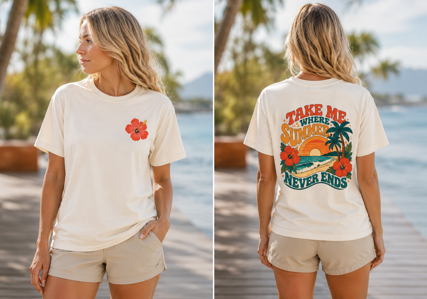 Coastal Moon Collection. Summer Vibes Tee – “Take Me Where Summer Never Ends” Tropical Hibiscus T‑Shirt