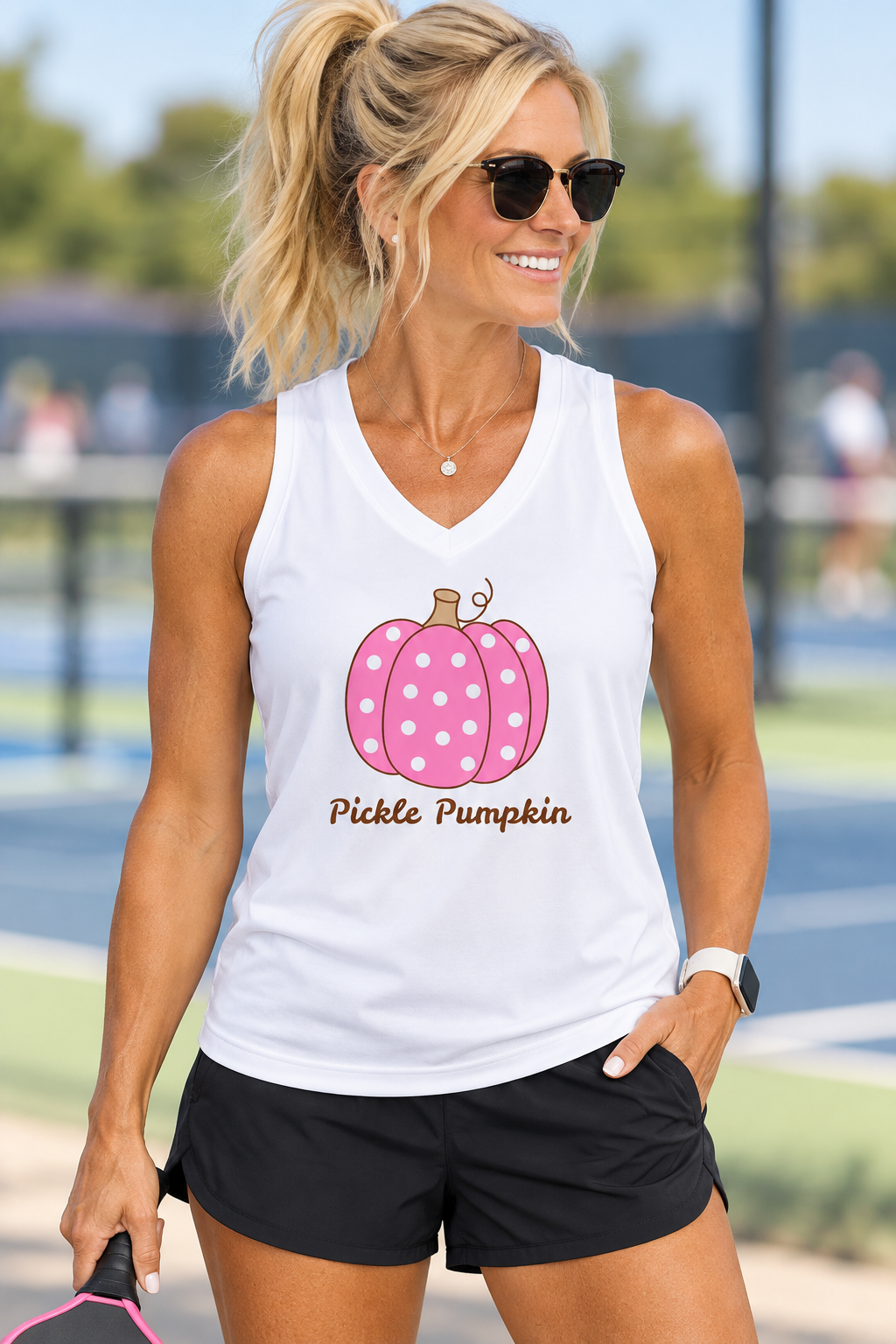 AFTER DARK, Halloween Performance Collection. Ladies Athletic Tank – Lightweight Pickleball Performance Top | Sleeveless Activewear. Pickle Pumpkin.